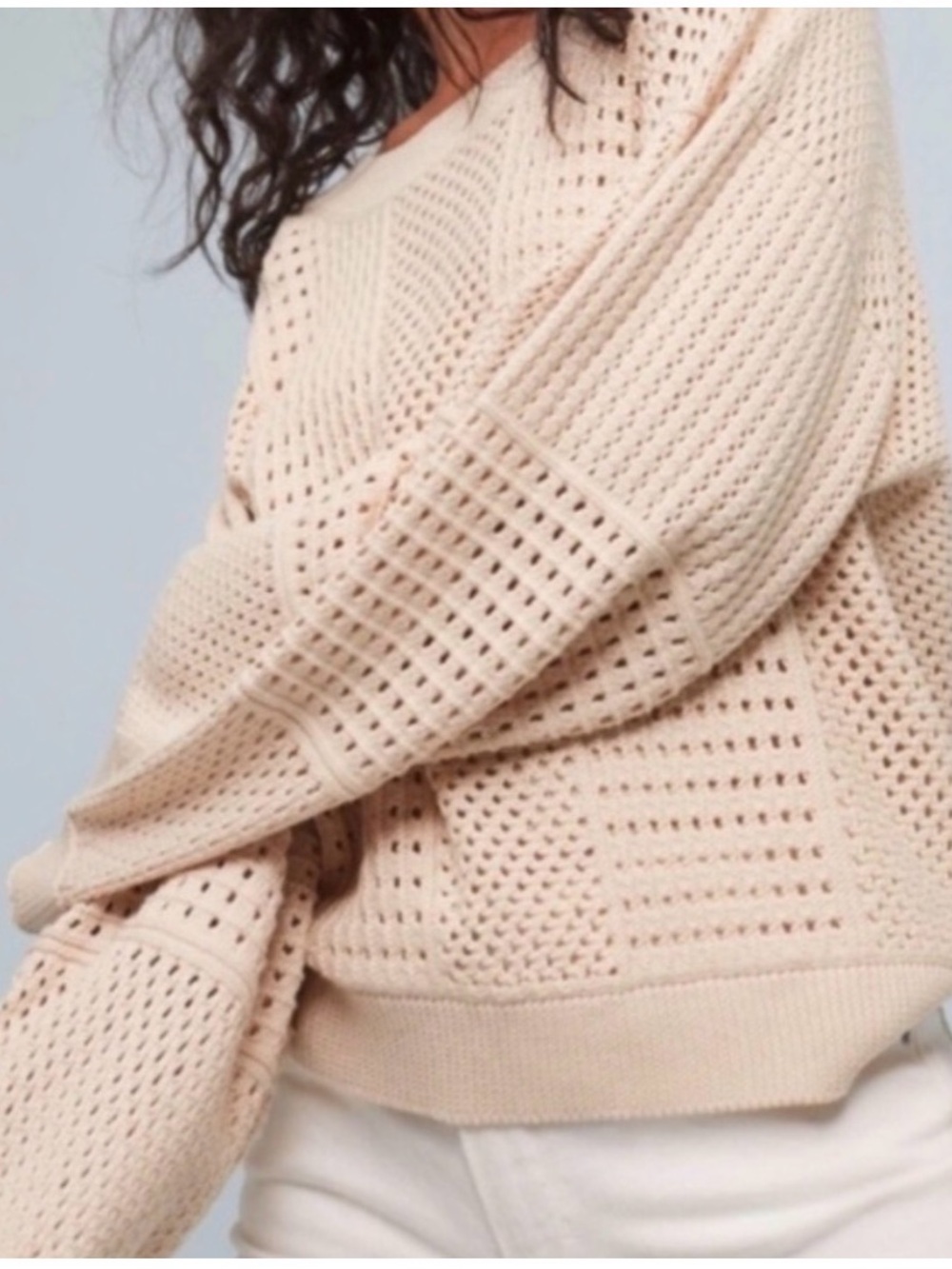 Anthropologie Moth Open-Knit Crewneck Sweater in‎ Light Beige Sz S